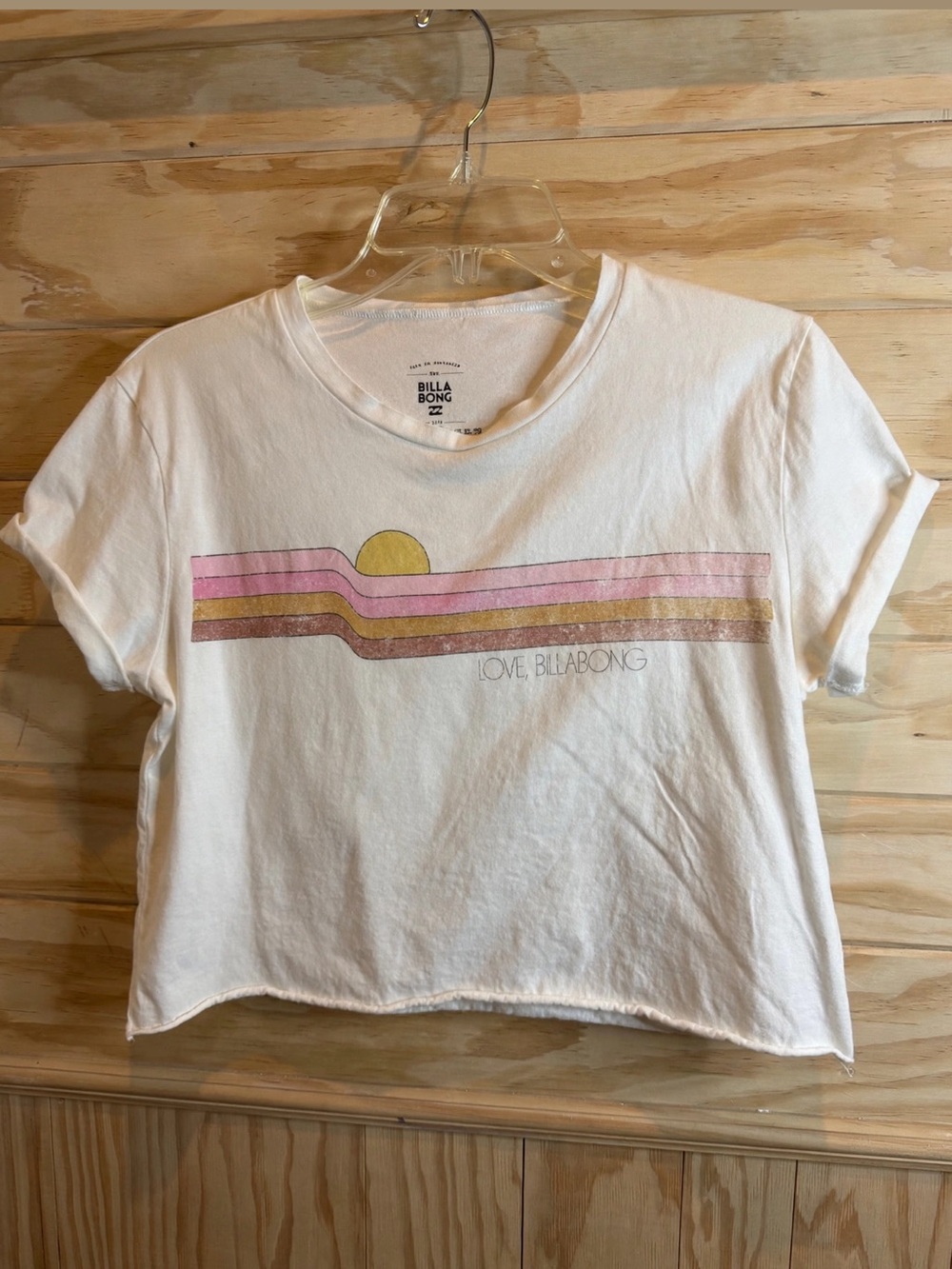 Billabong White Crop Tee with Pink and Gold Sunset Stripe